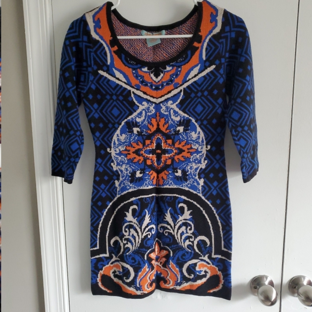 Flying Tomato Blue and Orange Patterned Women’s Sweater Dress